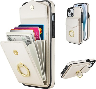 iPhone 15 Handy Hülle Schutzhülle Leder Karten Wallet Ring Halter Ständer RFID