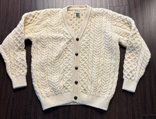 L.L.Bean Sweater Mens M White Wool Cable Cardigan Made In Ireland Vtg READ