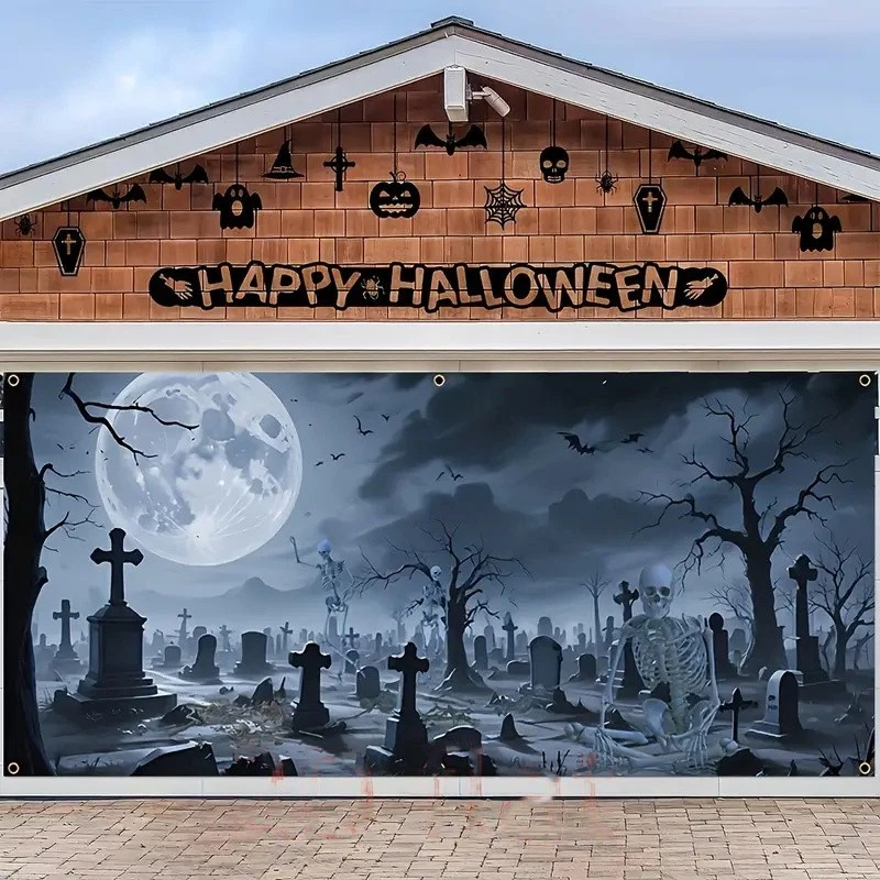 Terrifying Suburban Tombs Garage Door Banner, Halloween Party Background Decor