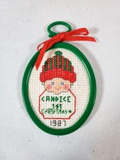 Handmade Needlepoint Elf Christmas Ornament 1987 Framed Holiday Decor