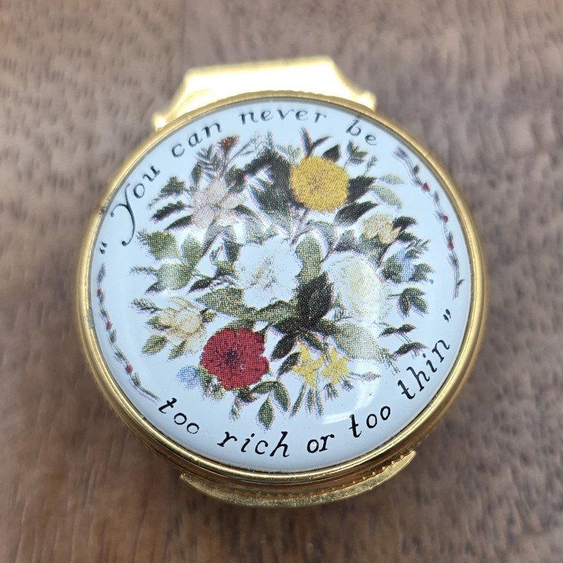 Alastor Enamels England Green Floral Enamel Hinged Pill Box "Too rich" Trinket