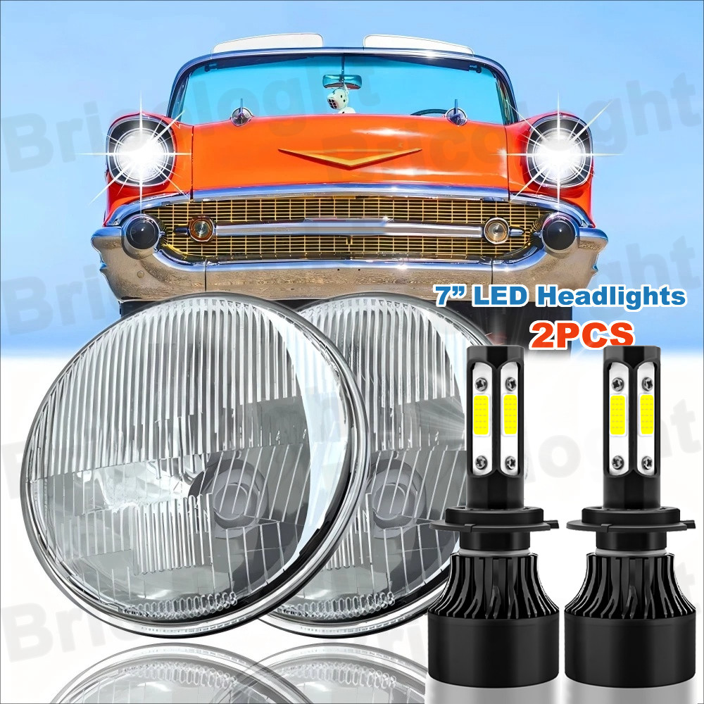 Pair 7Inch Round LED Headlights High/Low Sealed Beam for Chevy Bel Air 1955-1957