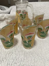 Vintage Floral Glass Pitcher Set with 6 Tumblers