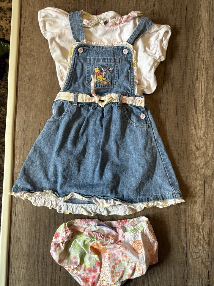 Vintage 2000s Y2K Winnie The Pooh Denim Overall Dress Set Butterfly 4T - Image 2 of 4