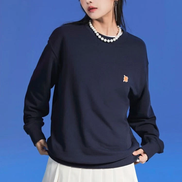 Solid Color Logo Print Sports Crewneck Sweatshirt Unisex in Navy Blue