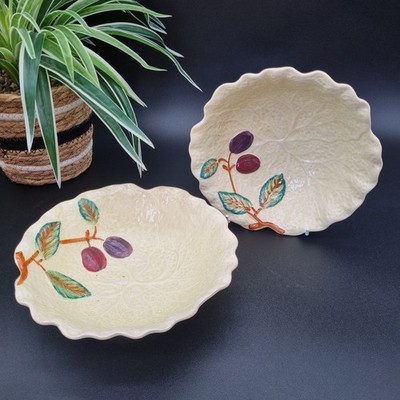 Vintage Paar kürzere & Söhne Staffordshire Majolika Gelbkohlblatt Schale Pflaume