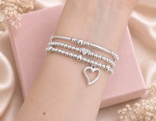 Set of 3 Silver Stretchy Bead Stacking Heart Bracelets Christmas Gift for Women