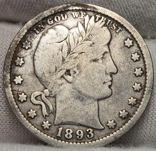 1893 Barber Silver Quarter, Nice Details- Full Rims, 90% Silver US Coin - Q-9314