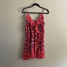 Express Women Sz L Red Floral Faux Wrap Adj Spaghetti Strap Ruffled Sundress