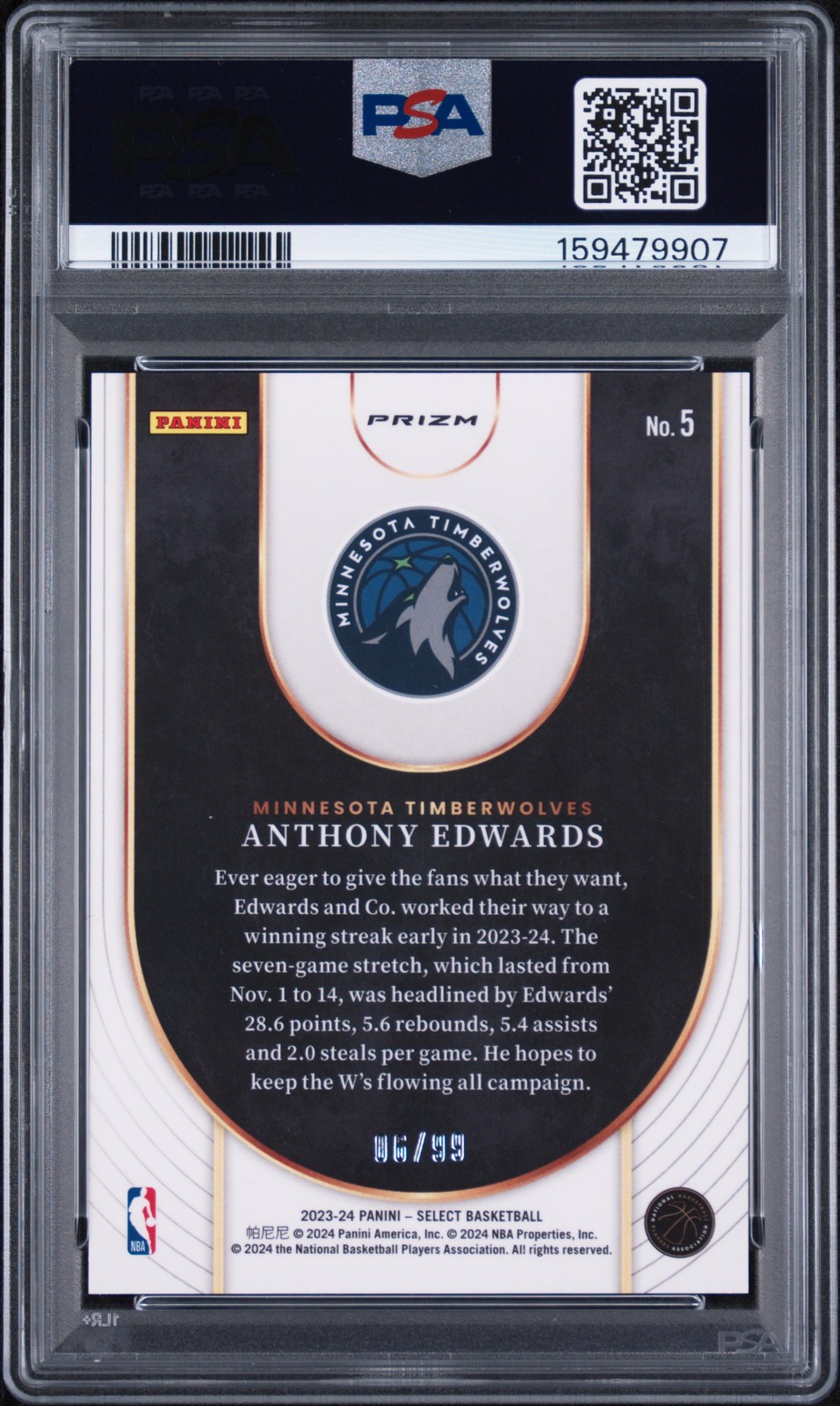 2023 PANINI SELECT NEON ICON PINK CRACKED ICE  #5 ANTHONY EDWARDS 6/99 PSA 10 view 2