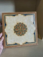 Vintage Tile Trivet Encased In Wood 8.75" Square 
