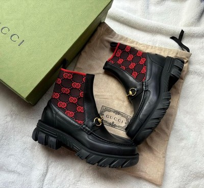 Gucci Black/Red Monogram Horsebit Chelsea Boots - MSRP: $1500 - New - Authentic