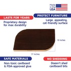 Brown cardboard cat scratcher with textured surface, 17 x 10 x 1.5 inches, made in USA card with red and blue text.