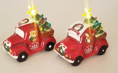 2 Mr. Christmas Lighted Porcelain Farm Fresh Cut Trees Red Trucks Reindeer Bear 