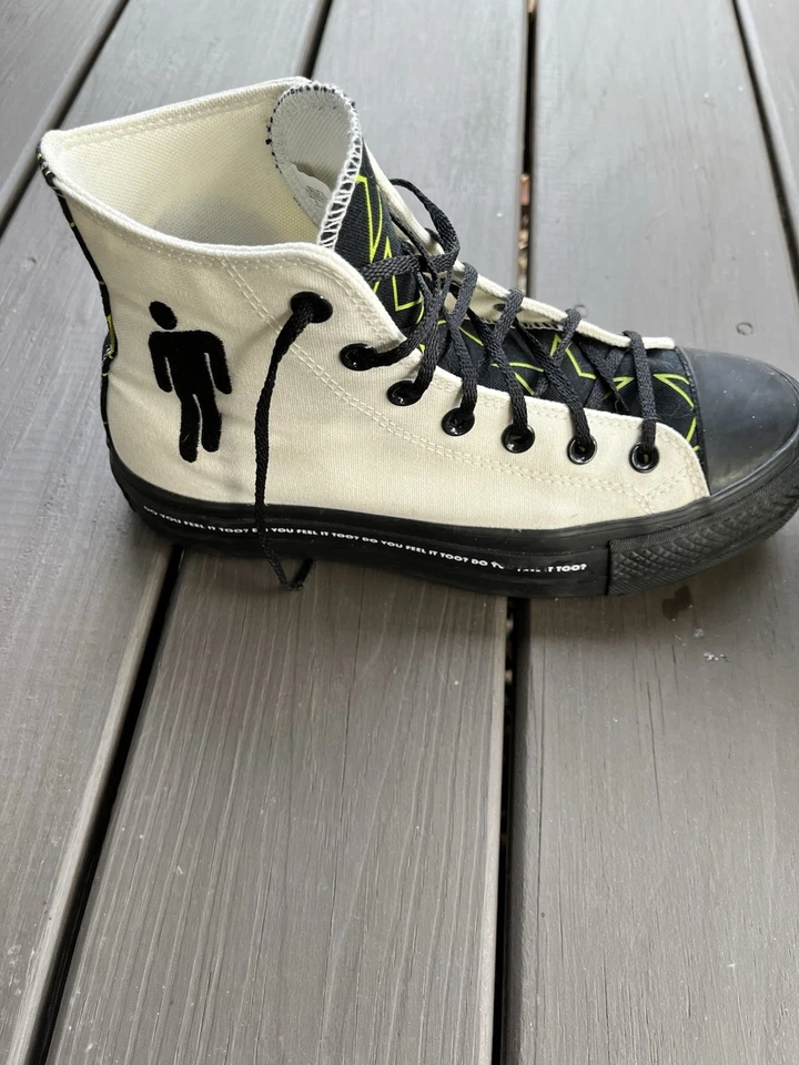 Billie Eilish tamanho 8 Converse feito sob medida - Branco, preto, verde com estrelas - Imagem 2 de 4