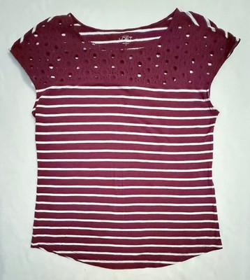 Ann Taylor LOFT - Maroon Stripe Cap Sleeve Cotton Blend Eyelet & Knit Top size S
