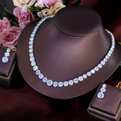 Sparkling Silver Plated CZ Bridal Wedding Round Necklace Earrings Jewelry Set