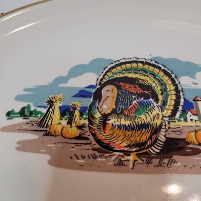 Vtg Thanksgiving Oval Turkey Platter Barn Corn Sheaves Pumpkins 10x13'' USA READ 