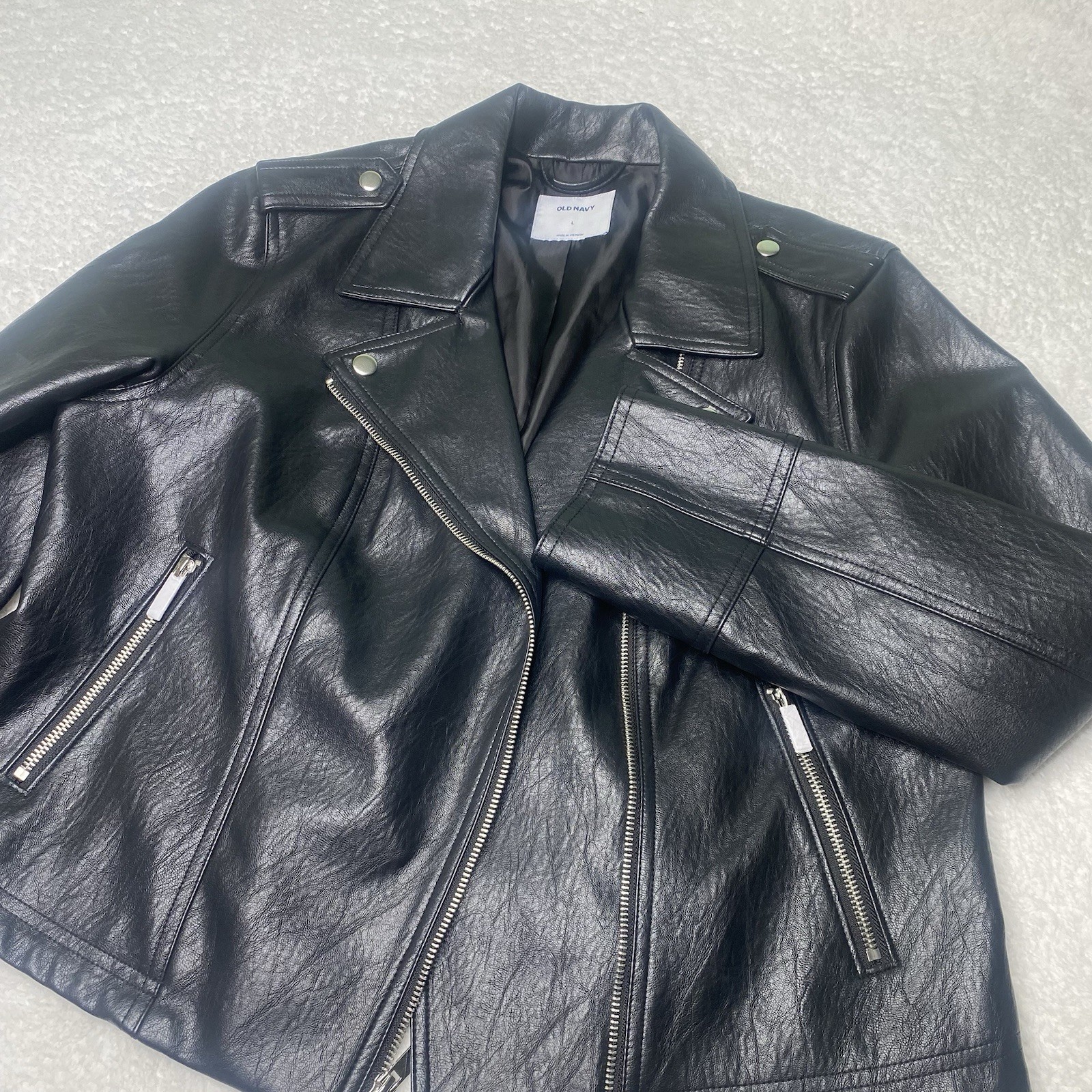 Old Navy Womens L Faux Leather Motorcycle Jacket Asymmetrical Zip Black NWOT
