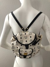 MCM AUTHENTIC WHITE VISETOS LEATHER DRAWSTRING FLAP MAGNETIC CLOSURE BACKPACK