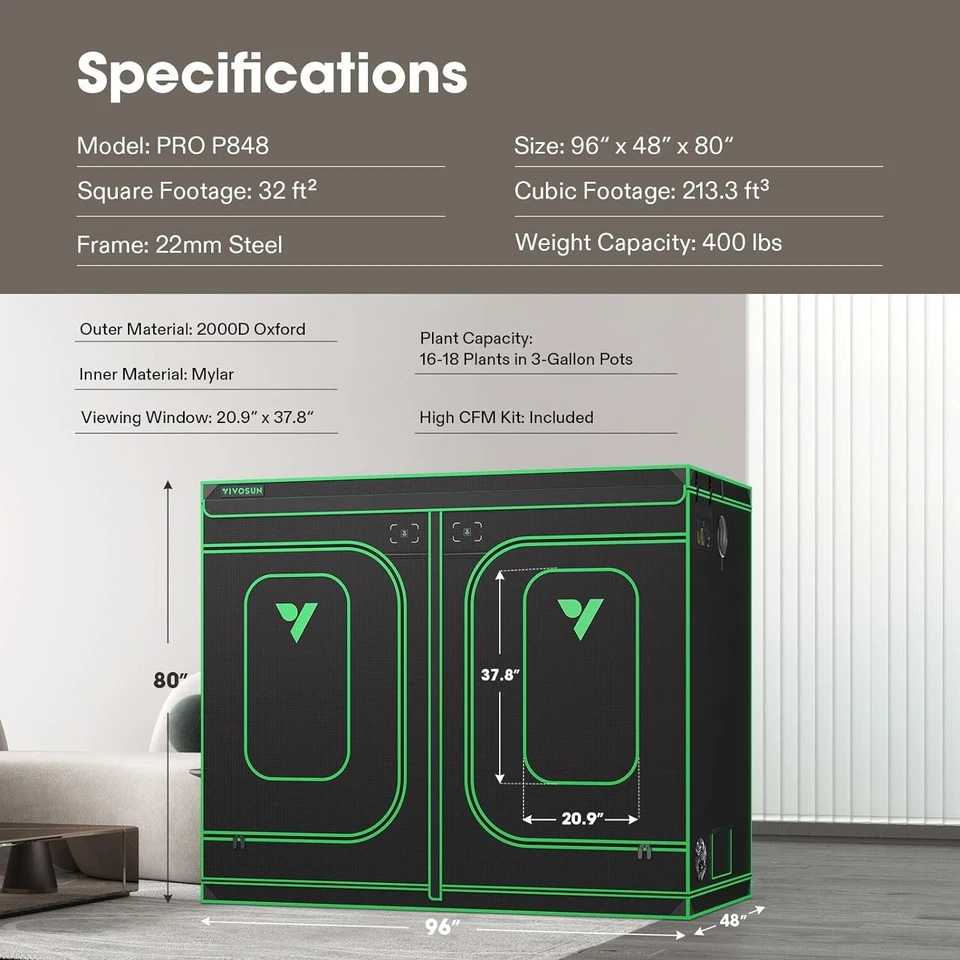 VIVOSUN P848 8x4ft Grow Tent 96"×48"×80",2000D Oxford canvas lined,Non Toxic - Image 2 of 4