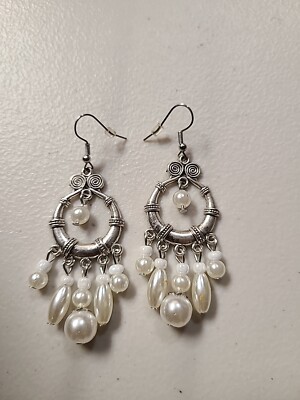 Faux Pearl Chandelier Earrings Silver Tone Pierced Bridal Wedding Promise Boho