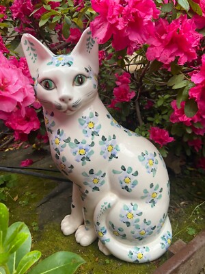 レアMinou-ettes by C. Pradalie - 1985 Cat RARE NORLEANS Cat Ceramic Porcelain Figurine Statue Blue Floral
