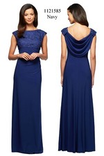 ALEX EVENINGS Navy Brocade Bodice Empire Draped Cowl Back Maxi Gown Dress 12  L