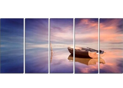 Designart Lonely Boat in Colorful Sea Canvas Print-60x28- 5 Piece Panel Set