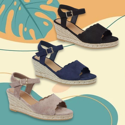 LADIES WEDGE HEEL SANDALS  WOMENS PLATFORM BUCKLE ANKLE STRAP ESPADRILLE SHOES - Afbeelding 1 van 17