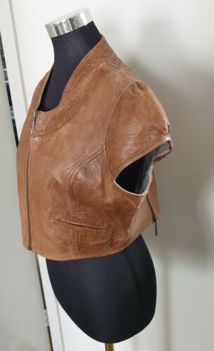Vintage Genuine Leather Tan Women's Crop Vest Zip Front Cap Sleeve EUC Auluna 42 - Picture 6 of 22