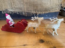VTG 1940's XMAS THIN CELLULOID PLASTIC SANTA SLEIGH REINDEER JAPAN Display