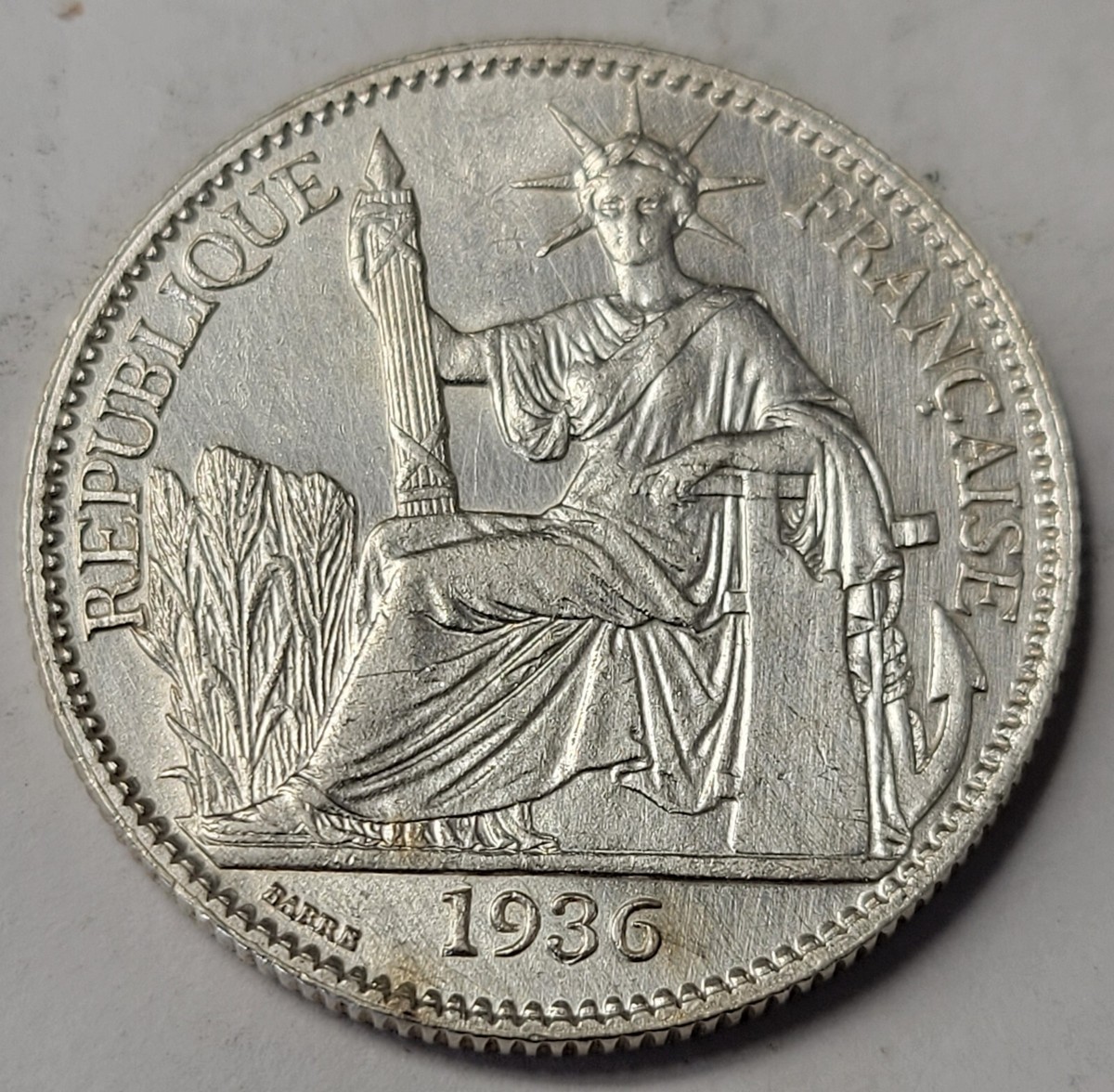 1936 Republic Of France 50 Cent Silver Coin. Indo-China- France