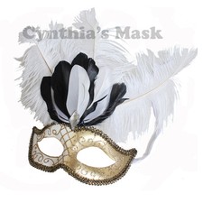 Golden Venetian Masquerade Mask w/Ostrich Feathers Prom Wedding Halloween Party