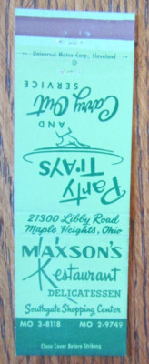 MAPLE HEIGHTS, OHIO MATCHBOOK COVER: MAXSON'S DELICATESSEN 1950s MATCHCOVER -D