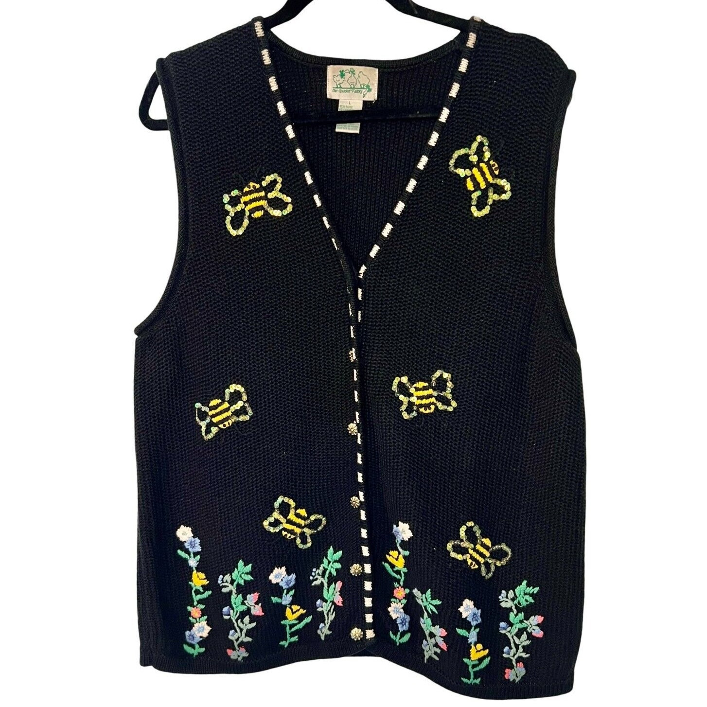 Quacker Factory Sweater Vest Womens Size L  Black Sequins Embroidered Butterfly