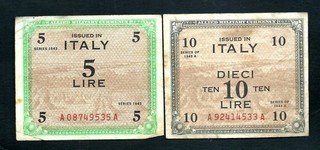 Italy Allied Military WWII 5 Lire 1943 & 10 Lire 1943