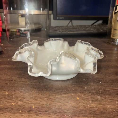 Vintage Fenton 6" Silver Crystal Crest Milk Glass Candy Dish Bowl Ruffled Edge