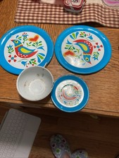 Ohio Art Tin Vintahe Litho Toy Plates, Saucer And Cup Folk Art Bird Heart