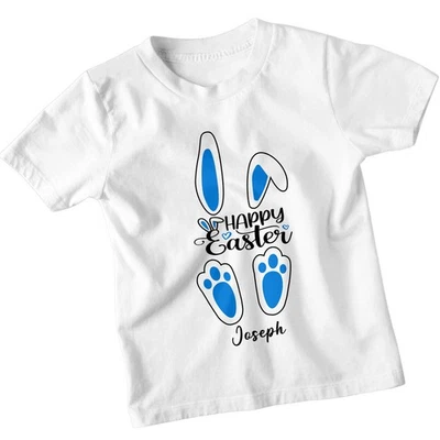 T-shirt personnalisé garçons filles Bunny Tracks Happy Easter Tee Cute... - Photo 1/4