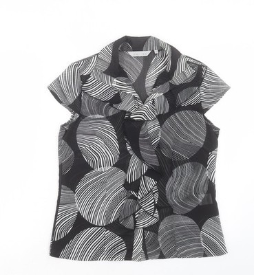 Per Se Damen schwarz geometrisches Polyester Basic T-Shirt Größe 12 V-Ausschnitt