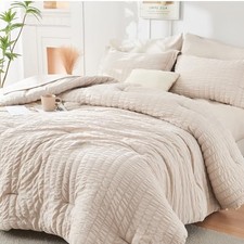 HYMOKEGE Beige Queen Comforter Set Seersucker 7 Pieces, All Season Luxury Bed in