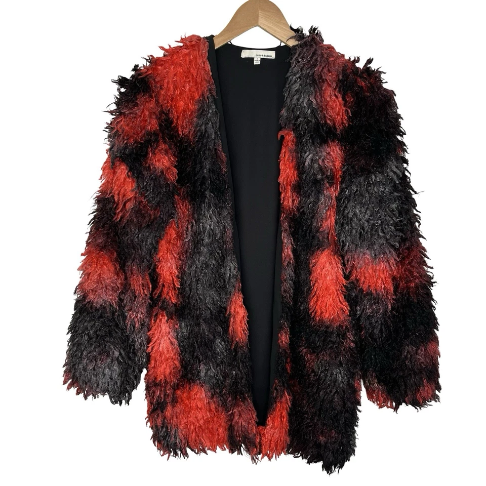 Abrigo de piel sintética June & Hudson S peludo retazos rojo negro declaración Y2K grunge Foto 2 de 4