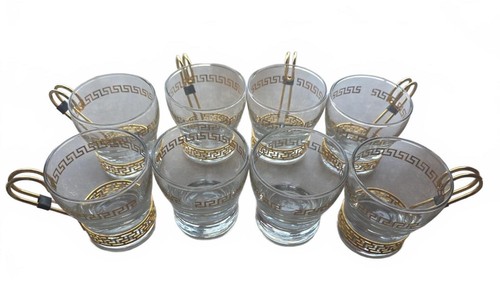 8 Vintage Libbey Continental Greek Key Coffee Cup Glasses 4 Gold Metal Holders