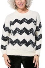 Jaclyn Smith Women's Sequin Chevron Striped Sweater Black Beauty/Egret