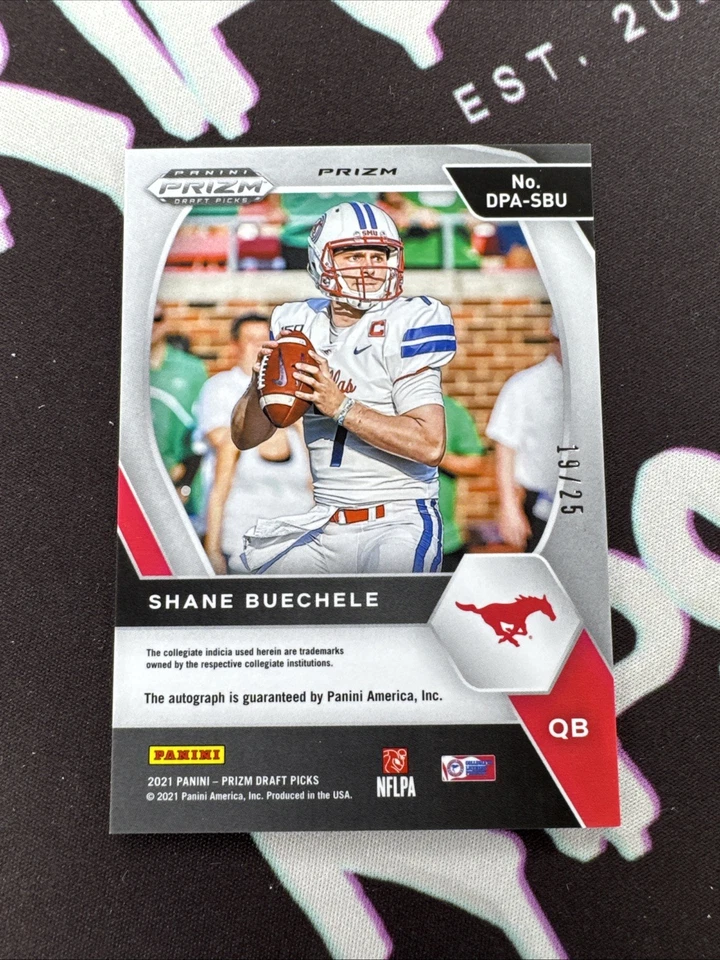 2021 Panini Prizm Draft Picks RED NO HUDDLE SP /25 Shane Buechele Rookie Auto eg - Image 2 of 2
