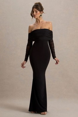 Club L London MADELEINE Black Fishtail Maxi Dress With Bardot Mesh Long Sleeves | eBay Club L London MADELEINE Black Fishtail Maxi Dress With Bardot Mesh Long Sleeves | eBay
