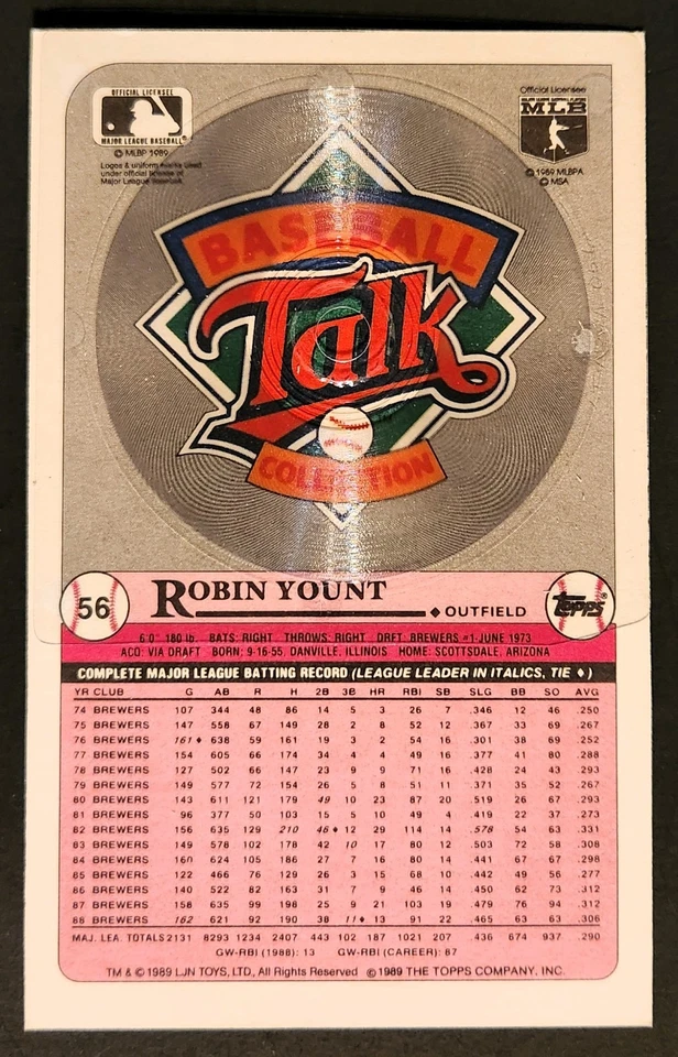 Robin Yount Baseball Talk Card – 1989 Topps # 56 - NM/MT+ Pack Fresh - Oversized - Image 3 of 3