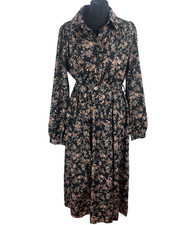 Shein Belted Shirt Dress Women's UK Size L Collared Long Sleeve Black Floral