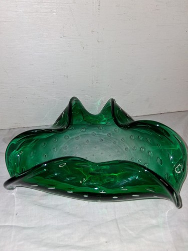 Plato de caramelo/baratija de colección Murano Bullicante arte italiano tripinched verde esmeralda - Imagen 3 de 12